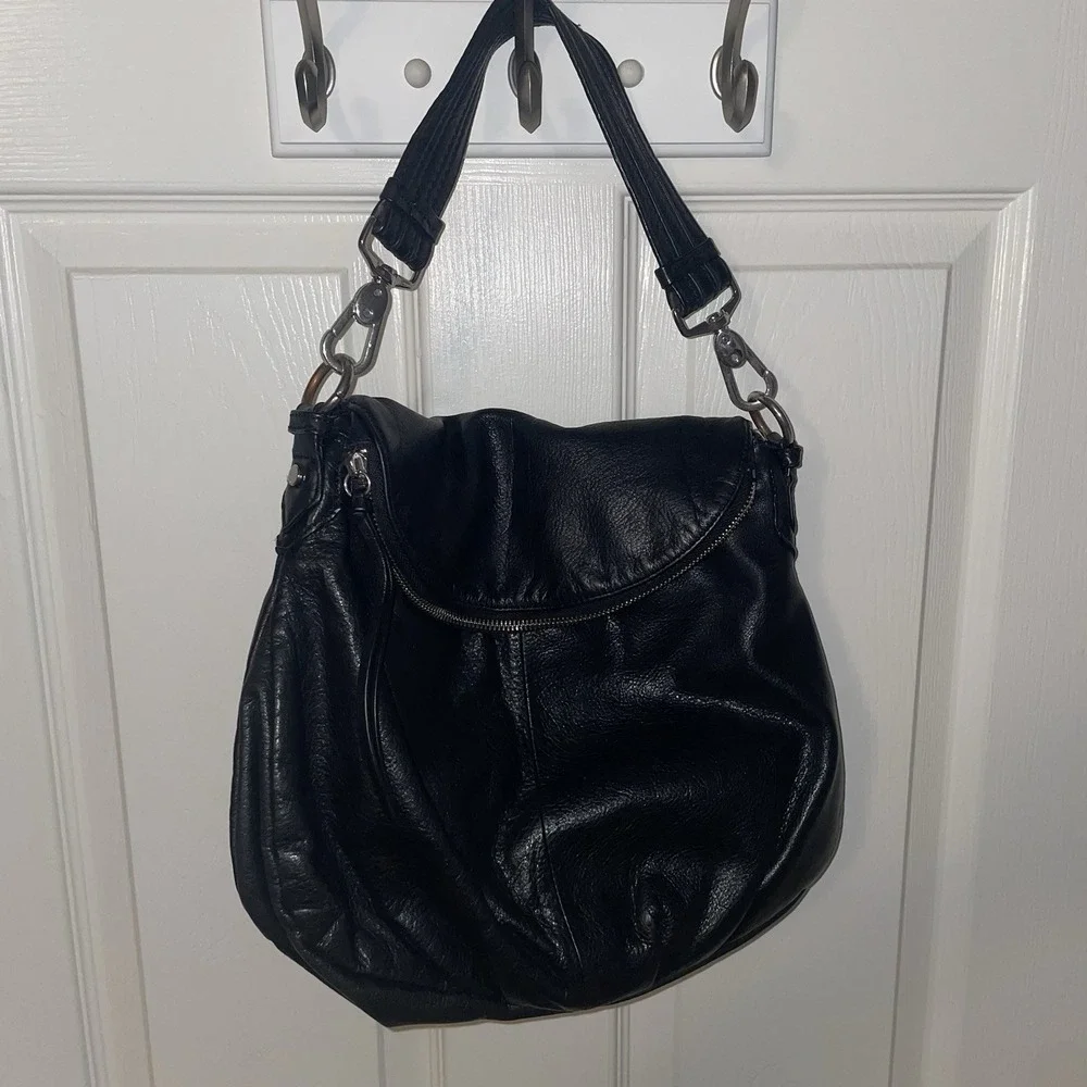 Margot Soft Black Leather Medium Shoulder Hobo Bag Zip Fold Over Purse